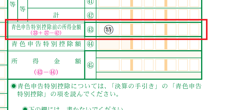 青色申告決算書に「特」を記入した例